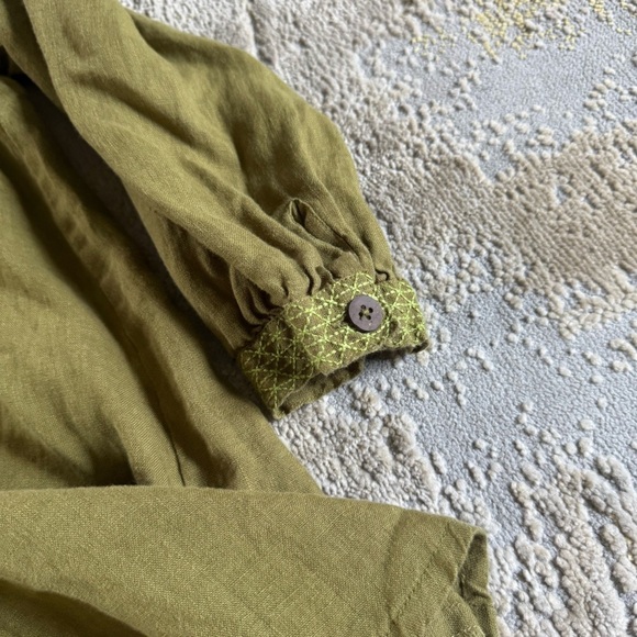 Gudrun Sjoden Pure Linen Shirt Blouse 3/4 sleeve Olive Green lagenlook medium - Picture 5 of 9